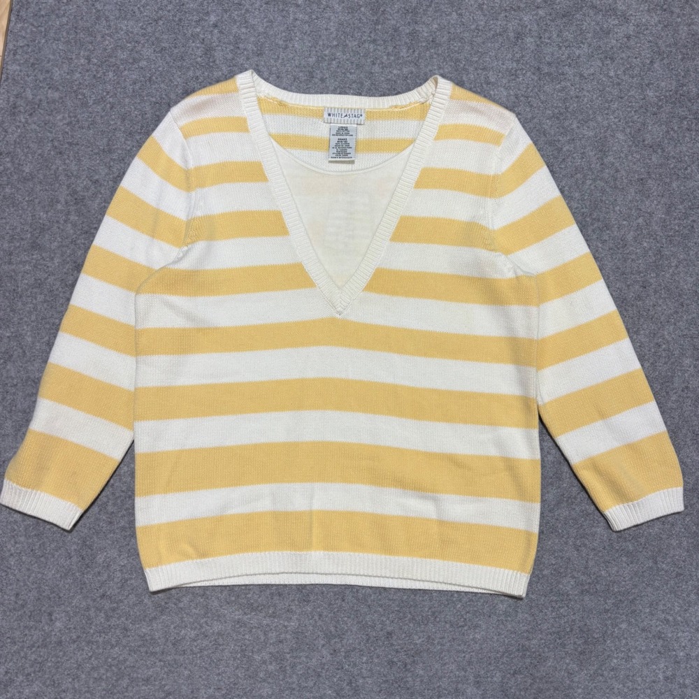 White Stag Yellow White Striped V-Neck Layered Look Cotton Sweater Medium NWT